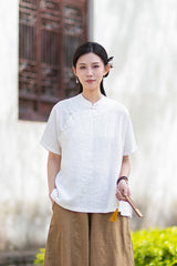 Women's Lightweight Linen Vintage-Style Summer Shirt, New Arrival: Zen-Inspired Stand-Up Collar with Button Closure 20260511