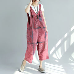 Embroidered floral cotton ankle overalls, women's denim overalls, stonewashed loose overalls