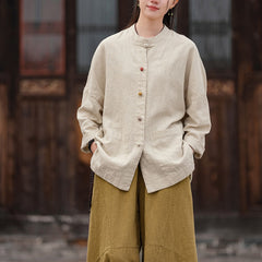 Chinese Frog Button Cotton Linen Shirt, Vintage Loose Long Sleeve Jacket 20250328