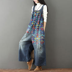 Printed floral stonewashed cotton overalls, women's denim washed overalls
