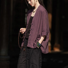 Vintage Chinese V-neck frog button long-sleeved cotton shirt, casual loose cotton linen kimono 20250328