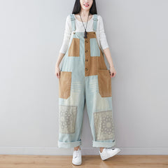 Patchwork Printed Cotton Overalls,Women's Denim Overalls,Stonewashed Loose Overalls