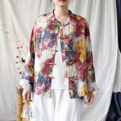 Vintage Chinese Standing Collar Loose Frog Button Shirt, Printed Cotton Linen Jacket 20250408