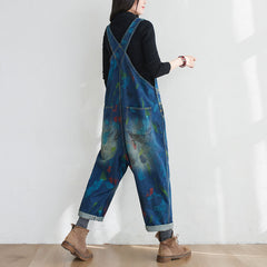 Hand-painted floral cotton ankle overalls, women's denim overalls, stonewashed loose overalls