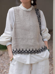 Summer Embroidered Linen Vest,Loose Casual Linen Sleeveless Top,100% Linen Sleeveless T-Shirt 20250314