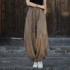 Ramie Handmade Tie-Dyed Loose Wide Leg Pants, Vintage Tapered Elastic Waist Lantern Trousers 20240722