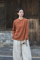 2026 Spring New Arrival: Original Cotton-Linen Women's Chinese-Style Stand-Collar Top, Tea Ceremony-Style Women's Diagonal-Placket Color-Blocked Button-Down Shirt