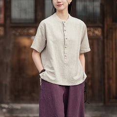 Retro Chinese stand-up collar frog button short-sleeved cotton shirt, summer casual loose cotton shirt 20250328