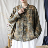 Vintage Chinese Standing Collar Loose Frog Button Shirt, Brown Printed Cotton Linen Jacket 20250408