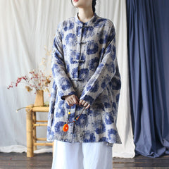 Vintage Blue Chinese Standing Collar Loose Frog Button Shirt, Oversize Printed Cotton Linen Jacket 20250408