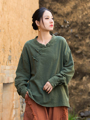 Long Sleeve Standing Collar Cotton Linen Frog Button Shirt, Vintage Chinese Casual Shirt 20250604