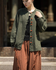 Summer cotton linen Chinese stand-up collar shirt, sandwashed frog button women's long-sleeved shirt 20240714