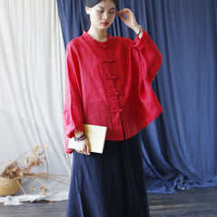 Summer Standing Collar Women Ramie Frog Button Shirt, Literary Retro Long Sleeve Loose Light Cardigan 20240802