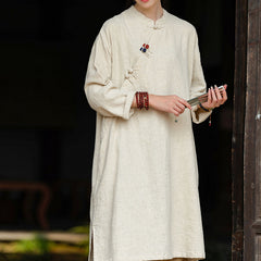 Women's Vintage Chinese Frog Button Long Sleeve Cotton and Linen Long Shirt, Standing Collar Loose Cotton and Linen Jacket 20240920