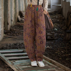 2024 Winter Thickened Printed Flower Quilted Warm Cotton Linen Pants, Vintage Loose Cotton Linen Tapered Pants 20241114