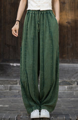 Cotton linen stonewashed loose-fitting straight-leg pants, vintage elastic waist casual pants 20240722