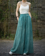 Ramie Handmade Tie-Dye Tied Mid-Waist Wide-Leg Pants, Vintage Elastic Waist Casual Trousers 20240722