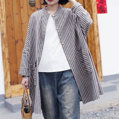 Vintage Striped Long Sleeve Cotton Linen Shirt, Loose Casual Oversize Cotton Linen Shirt 20250408