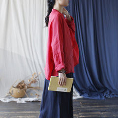 Summer Standing Collar Women Ramie Frog Button Shirt, Literary Retro Long Sleeve Loose Light Cardigan 20240802