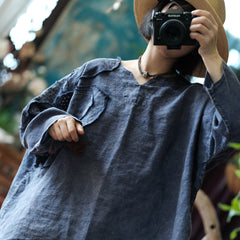 Pure Ramie Literary Hand Embroidered Blue Applique Shirt Top 240621