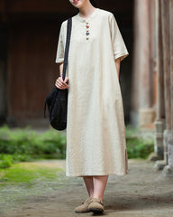 Cotton linen dress, summer new Chinese stand-up collar frog button dress 20240727