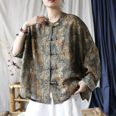 Vintage Chinese Standing Collar Loose Frog Button Shirt, Brown Printed Cotton Linen Jacket 20250408