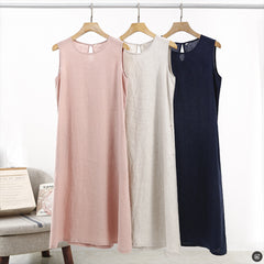 100% Linen Dress, Summer linen dress,Vintage Boat Neck Pleated Linen Dress, Summer Loose Casual Dress 20250313