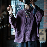 Vintage old pure linen loose color blocking shirt, loose casual purple linen frog button shirt 240621
