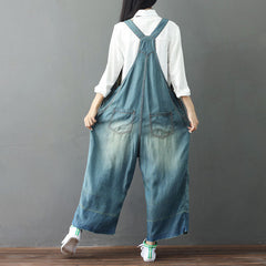 Embroidered floral cotton overalls, women's denim overalls, stonewashed loose overalls