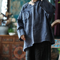 Pure Ramie Literary Hand Embroidered Blue Applique Shirt Top 240621