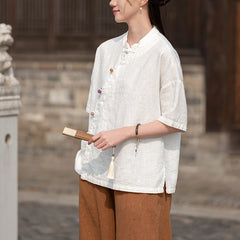 Cotton linen short-sleeved frog button shirt, vintage Chinese cotton linen shirt 20250328