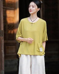 Frog button V-neck patchwork cotton linen T-shirt, summer Chinese retro women sandwashed loose cotton linen T-shirt 20240728