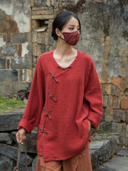 Vintage Summer Chinese Boat Collar Long Sleeve Shirt, Cotton Linen Washed Frog Long T-Shirt 20250604