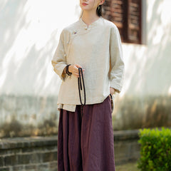 Women's Vintage Chinese Long Sleeve Cotton Linen Shirt with Embroidery Boat Neck Loose Casual Shirt 20240920