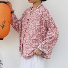 Vintage Chinese Standing Collar Loose Frog Button Shirt, Printed flower Cotton Linen Jacket 20250408