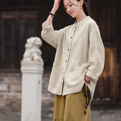 Chinese Frog Button Cotton Linen Shirt, Vintage Loose Long Sleeve Jacket 20250328