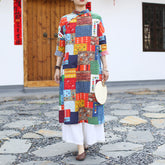 Summer Printed Cotton Linen Cheongsam, Vintage Chinese Square Printed Dresses 20250408