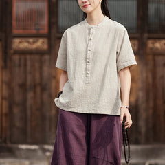 Retro Chinese stand-up collar frog button short-sleeved cotton shirt, summer casual loose cotton shirt 20250328