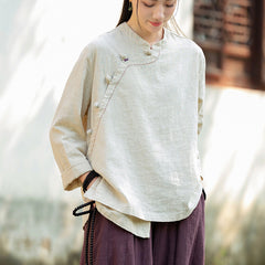 Women's Vintage Chinese Long Sleeve Cotton Linen Shirt with Embroidery Boat Neck Loose Casual Shirt 20240920