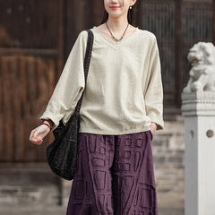 Long-sleeved V-neck cotton shirt, summer casual loose cotton shirt 20250328