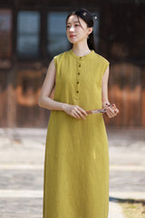 2026 Summer Women's Boho-Chic Dress: Loose-Fit, Sand-Washed Ramie Mid-Length Dress with a Zen-Inspired Aesthetic