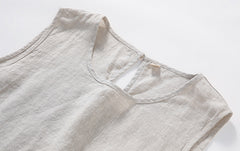 100% Linen Dress, Summer linen dress,Vintage Boat Neck Pleated Linen Dress, Summer Loose Casual Dress 20250313