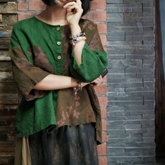 Green patchwork printed linen shirt, summer linen shirt, vintage Chinese loose chambray casual shirt