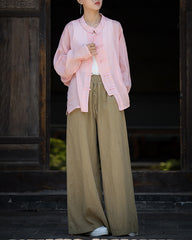 Summer Ramie Chinese Standing Collar Shirt,Sand Washed Frog Button Women's Long Sleeve Shirt 20240714