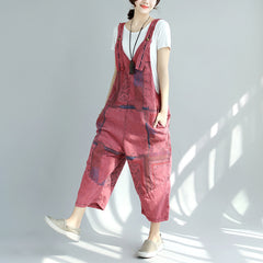Embroidered floral cotton ankle overalls, women's denim overalls, stonewashed loose overalls