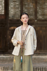 2026 Spring New Arrival: Oversized Casual Hooded Color-Blocked Button-Down Shirt, Women's Sandwashed Cotton-Linen Jacket