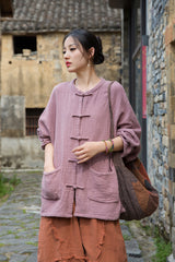 Summer Chinese loose cardigan, cotton linen washed frog long shirt 20250604