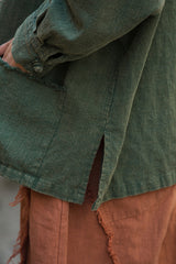 Vintage summer Chinese long sleeve shirt, cotton and linen washed and brushed frog button shirt 20250604