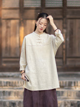 2026 Spring Retro Mandarin Collar Button-Down Cotton-Linen Blouse for Women: Chinese-Style Zen-Inspired Tea Ceremony Pullover, Ramie Stand-Up Collar Long-Sleeve Shirt