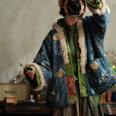 Retro Bohemian Shearling-Patchwork Cotton Jacket for Women Printed Oversized Cotton Coat,Vintage Japanese kimono, Oversize Printed bamboo leaf Cotton Linen Jacket